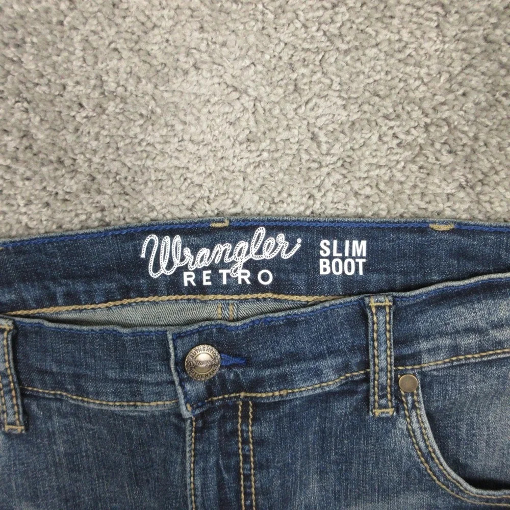 Wrangler Retro Jeans Mens 36x34 Blue Slim Boot Faded Whisker Cowboy Denim Pants